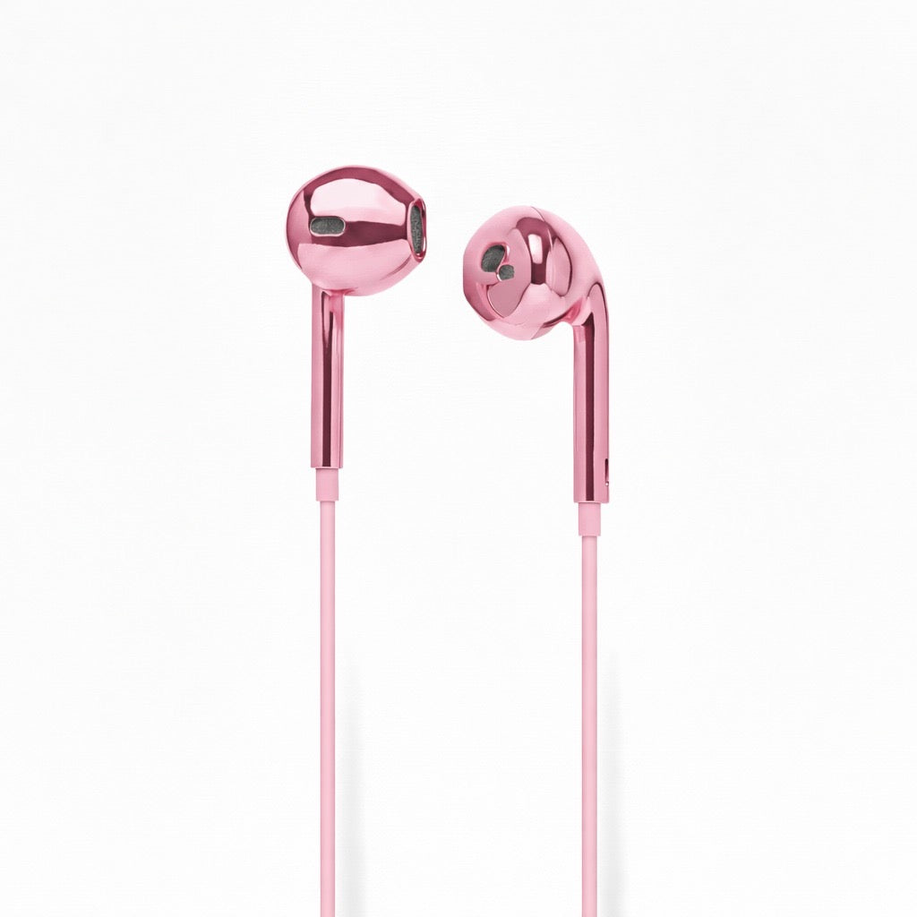 Chrome wired earbuds in use