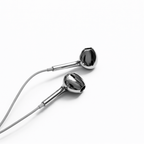 Silver chrome wired earbuds angled detail