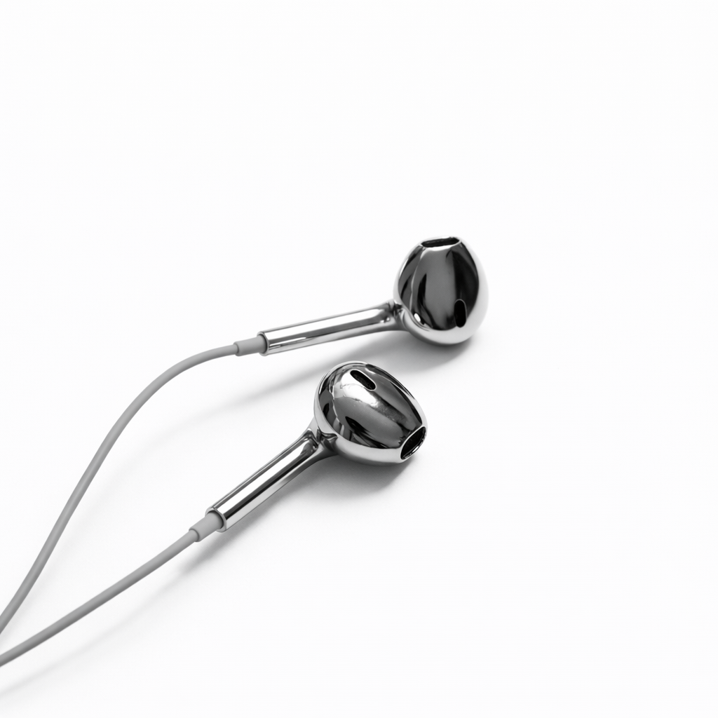 Silver chrome wired earbuds angled detail