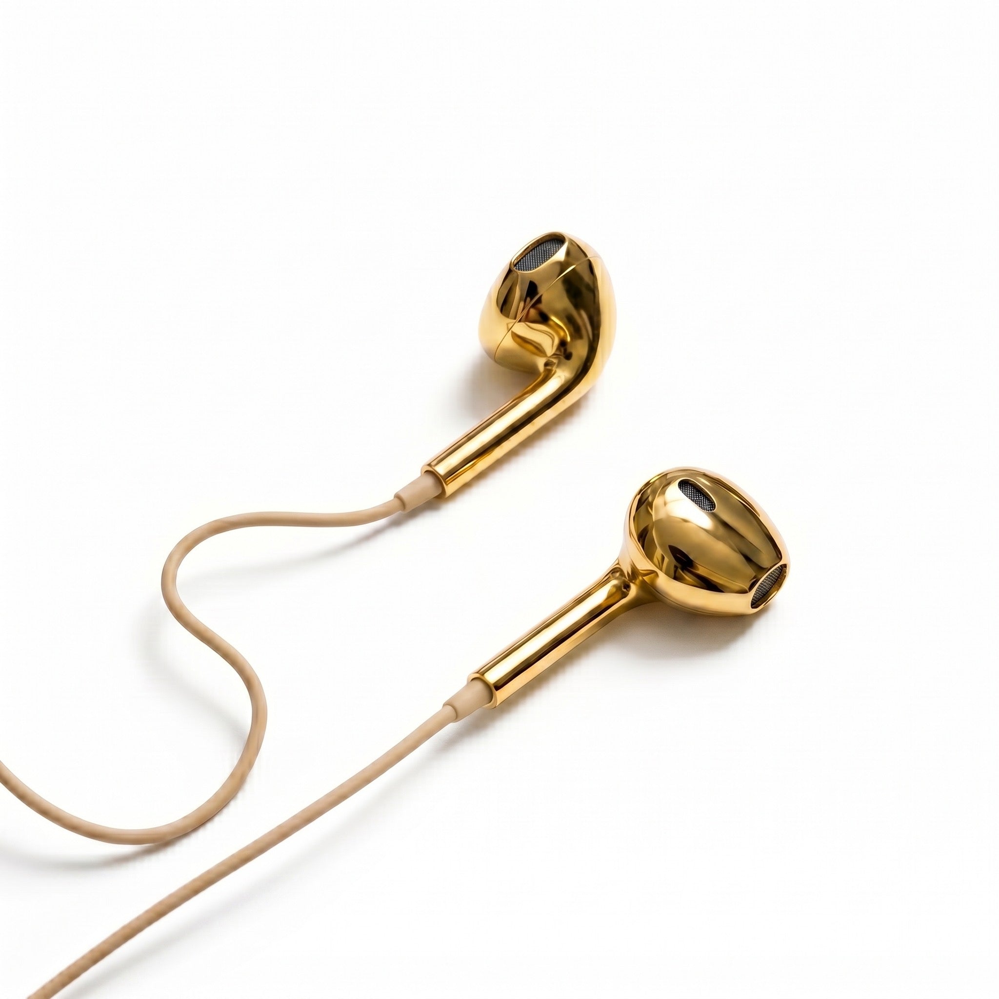 Gold chrome wired earbuds angled detail