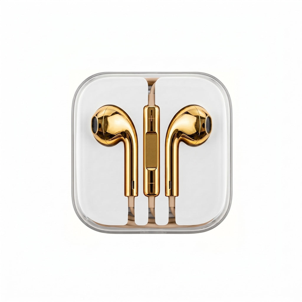 Gold chrome wired earbuds in carrying case