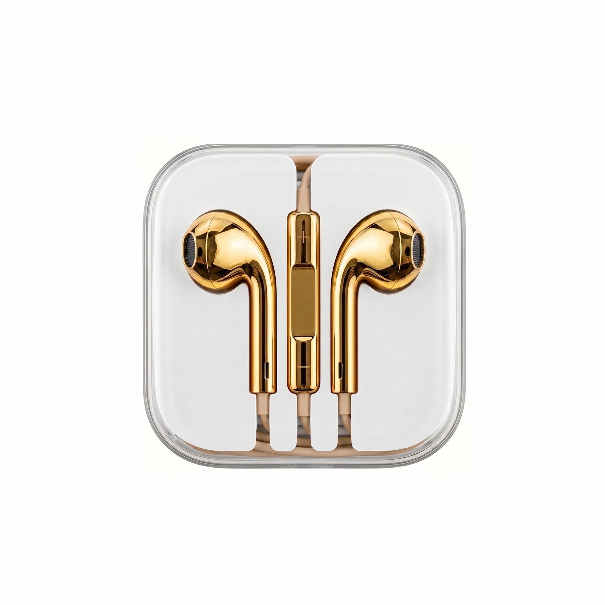 Gold chrome wired earbuds in carrying case